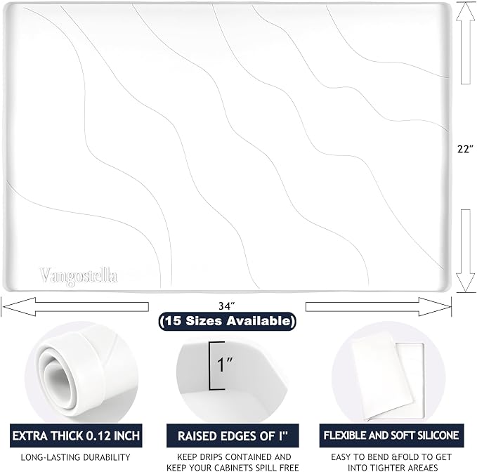 Heavy Duty Silicone Under Sink Mats for Kitchen Waterproof 40" x 19", Extra Thick Under Sink Rubber Mat Drip Tray, Raised Edge Under Sink Liner,Prevent Drips, Leaks, Spills,White