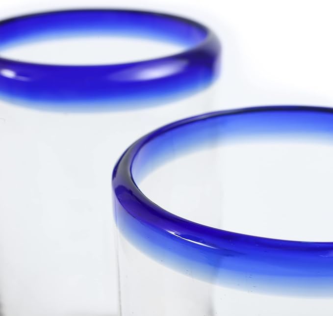 15 oz Hand Blown Mexican Drinking Glasses - Set of 6 tumblers, 15 fl oz each, Cobalt Blue Rim