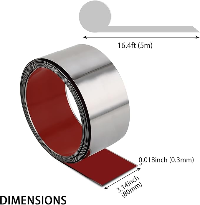 Flexible Self Adhesive Metal Strip for Magnet, Strong Peel and Stick Ferrous Tape Roll for Workshop, Office, School and Home Decoration (Shiny Silver, 16.4ft x 3.15inch)