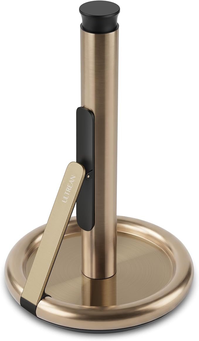 Ultrean Paper Towel Holder Countertop, Freestanding Paper Towel Dispenser with Spring-Loaded Arm for One-Handed Tear, Weighted Non-Slip Base, Stainless Steel for Kitchen, Gold