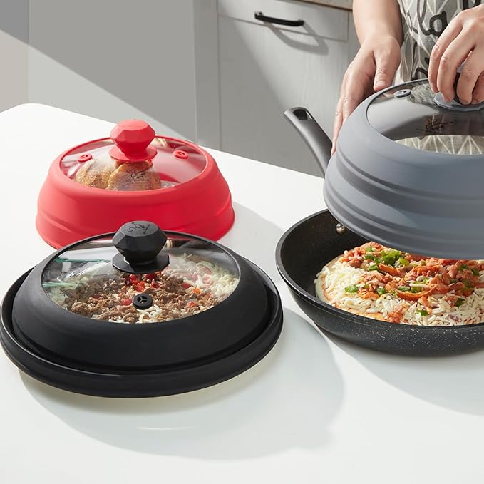 Microwave Splatter Cover Vented Glass Cover Splatter Guard Lid with Collapsible Silicone for Food as Pot Cover Plate Cover 10.8 inch for 6 7 8 9 10 inch Plate Bowl Black