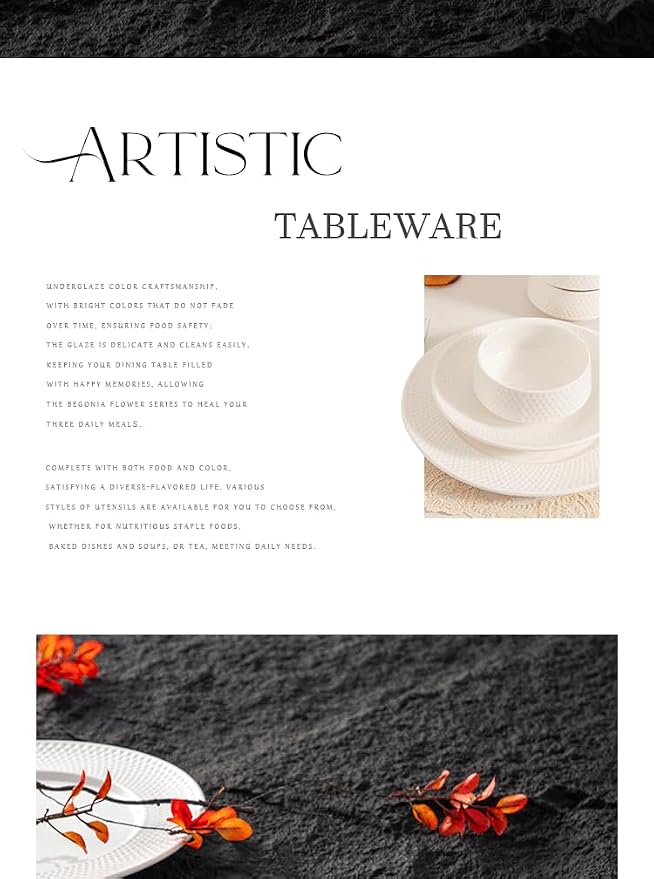 4-piece set, ceramic, embossed B design plate and bowl set, microwave and dishwasher tableware set, shatterproof and scratch resistant dinner set, irregular edge design, white