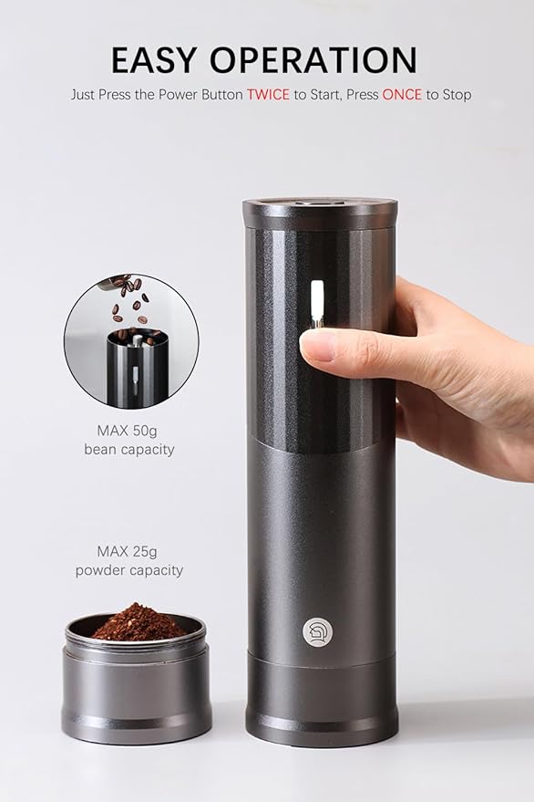 Electric Coffee Grinders, Portable Burr Grinder Capacity 50g w/Magnetic Cover,External Adjustable Setting, Aluminum Alloy Body, 800mAh Battery(Stand not Included) (Gray)