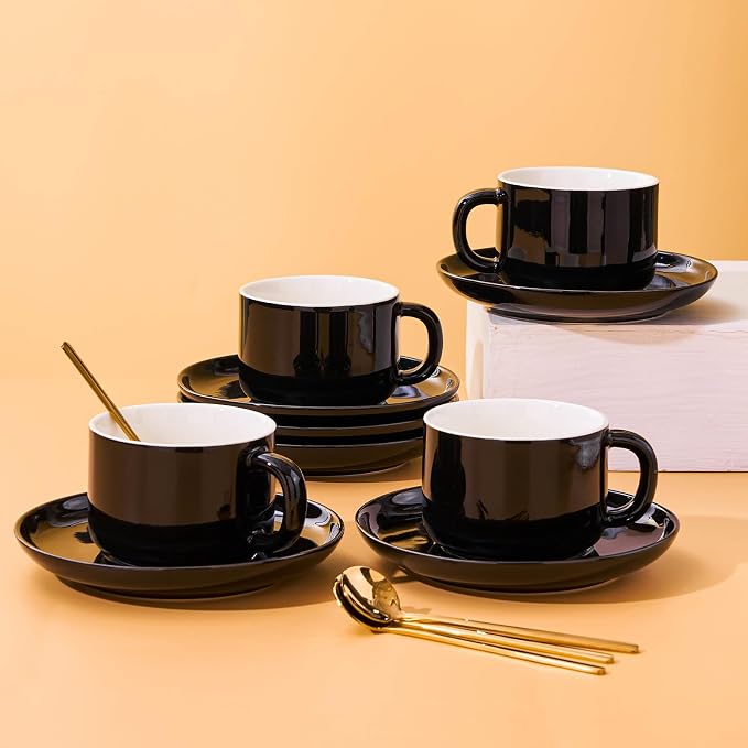 8oz Cappuccino Cups Set of 4, Tea Cups with Saucers and Spoons, Black Ceramic Tea Cups Set Coffee Mugs for Tea Cappuccino Espresso Latte Mocha Au Lait Macchiato Cafe