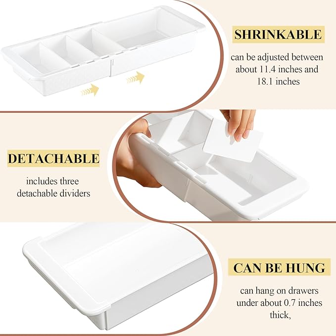 2 Pcs Expandable Drawer Organizer Bins Adjustable Deep Drawer Hanging Organizer Tray Expandable 11.4 to 18.1 Inches Plastic Dividers Storage for Office Bathroom Bedroom Kitchen Desk, White