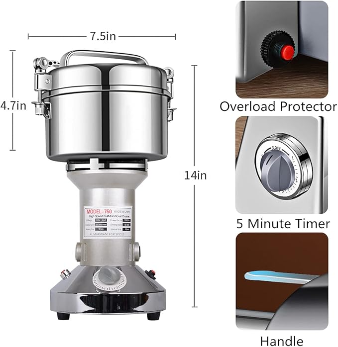 Grain Mill Grinder 750g High Speed Electric Stainless Steel Grinder Cereals Corn Flour Pulverizer Powder Machine for Dry Spice Herbs Grains Coffee Rice Pepper
