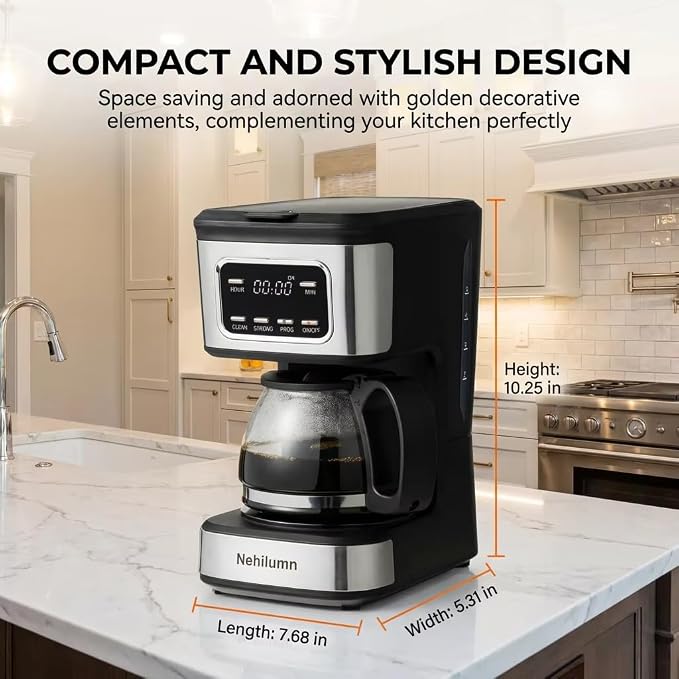 5-Cup Programmable Coffee Maker - Reusable Filter, Clear Water Level Indicator, Auto Shut- Off, Black &Stainless Steel Coffee Pot