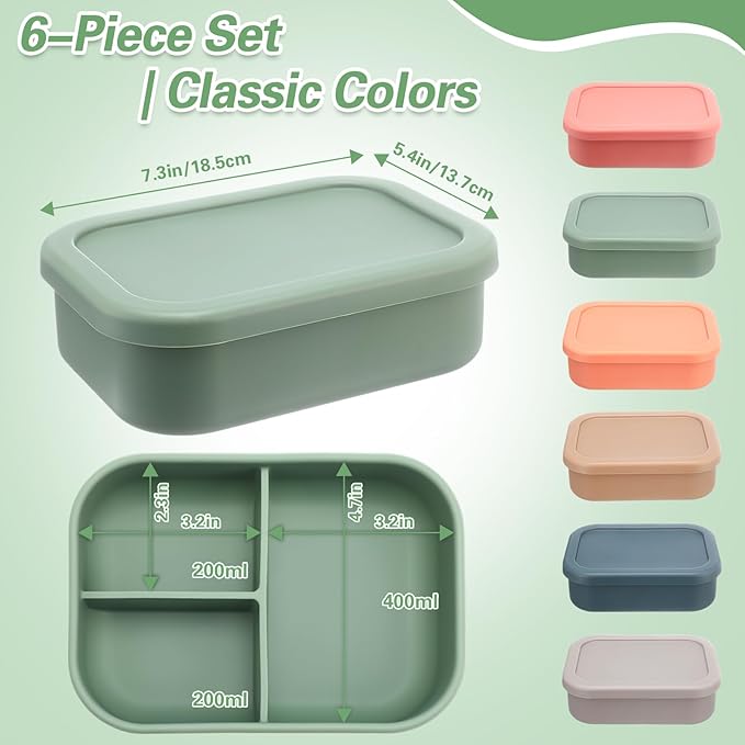 Honeydak 6 Pcs Silicone Bento Box for Adults, 3 Compartment Lunchable Food Container for Women Men, Leak Proof Microwave Dishwasher Freezer Safe (Classic Colors)