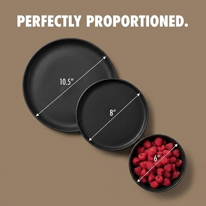 Dinnerware Sets, Stoneware Dinnerware Sets, Plates and Bowls Sets, Dishes, 12-Piece Service for 4, Matte Black