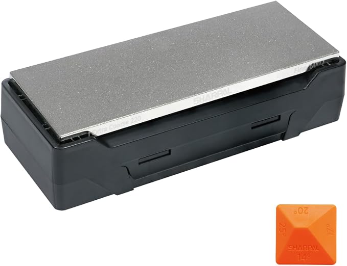 SHARPAL 163N Double-sided Diamond Sharpening Stone, 8 in. x 3 in. | Extra Coarse 220 / Fine 600 Grit, Storage Case with NonSlip Base, Angle Guide, Knife Sharpener
