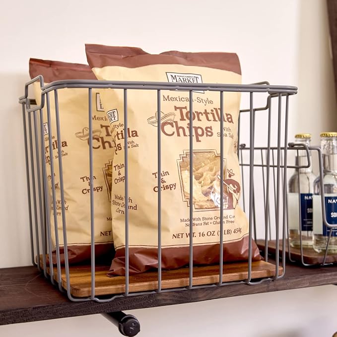 iDesign Ria Safford Collection Deep Pantry Wire Basket with Acacia Wood, 14.25" x 12.5" x 12", 15.25" x 12.5" x 12"