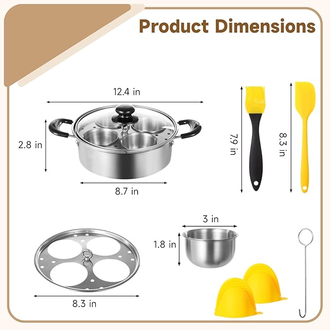 Egg Poacher Pan Nonstick 4 Eggs, Poached Egg Cooker, Poached Egg Pan, Stainless Steel Egg Poacher, Includes Stainless Steel Pot, 4 Cups, Silicone Brush & Spatula, Suitable for Multiple Stove Types (without coating)