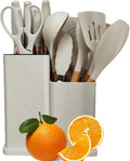 19 Pieces Kitchen Utensil and Knife Set with Block, with 11 Piece Silicone Cooking Utensils, 5 Pcs Sharp Stainless Steel Chef Knives Scissors Whisk Tongs and Cutting Board Beige
