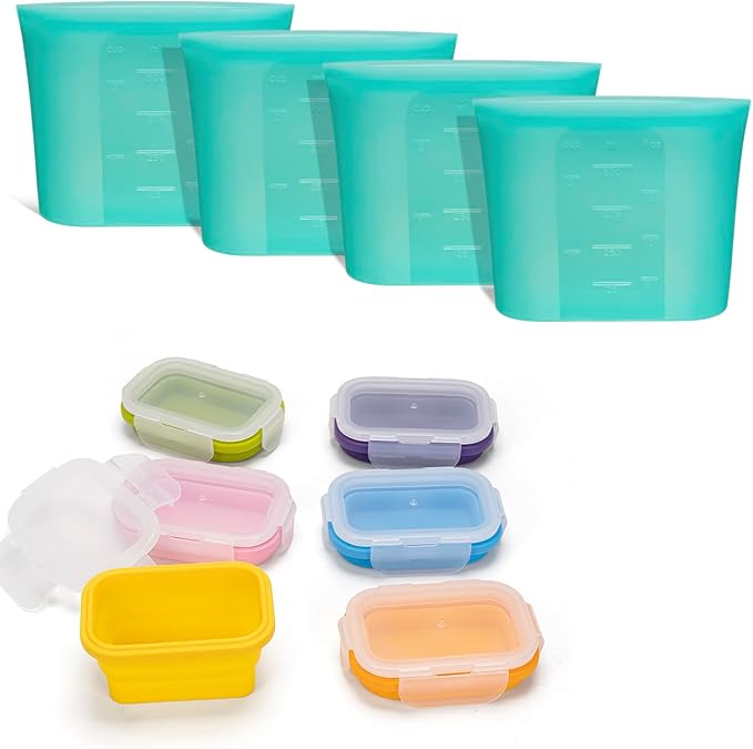 Bundle of 6 Pack Mini Collapsible Silicone Snack Containers with Lids + 4 Pack 100% Silicone Reusable Food Storage Bags 16oz Aqua