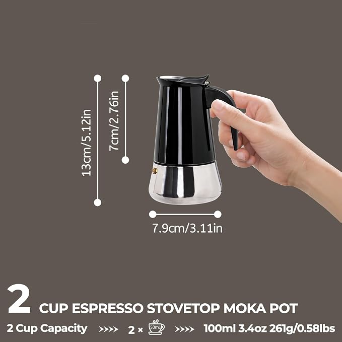 2 Cup 100ml Moka Pot Stainless Steel Espresso Coffee Maker Stovetop Coffeemaker Italian Classic Style Brewing Greca Cafe Mocha Machine for Cafeteras Lover Camping Travel and Home Use 3.3oz