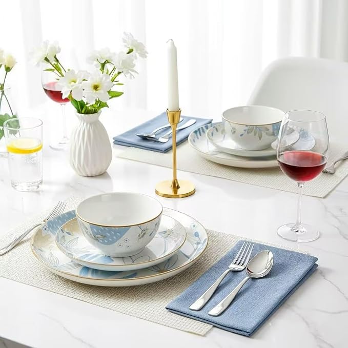 HUHUI Ceramic Dinnerware Set, Service for 4, 12-Piece, Blue Floral | Sunflower Floral, Scratch Resistant, Microwave Safe, Dishwasher Safe