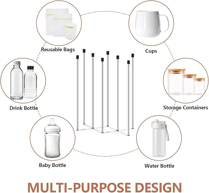 2 Pcs Foldable Bottle Drying Rack Stainless Steel Plastic Bag Drying Racks with Silicone Caps 8 Poles Space-Saving Countertop Organizer Dryer Rack for Cup Water Bottles Dish Plate Bag