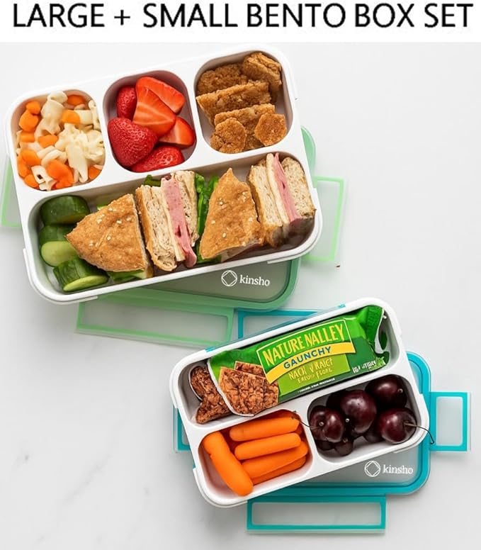 kinsho Bento Lunch Box And Snack Container Set For Kids And Adults - Large 4 & Small 3 Divided Food Compartments - Portion Control Meal Prep - Reusable for School Work Travel - 2 Pack Green Blue Set