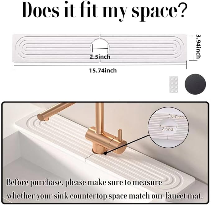 Stone Faucet Mat for Kitchen Sink, 15.7'' Long Absorbent Diatomite Sink Faucet Mat, Quick Drying Faucet Splash Guard for Kitchen,Bathroom Counter, Prevents Moisture, Super Absorbent, White