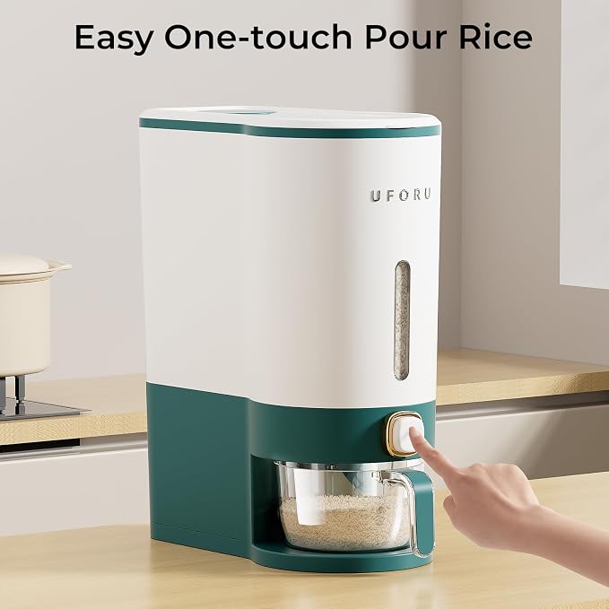 UFORU Rice Dispenser, Rice Storage Container with Measuring Cup for Kitchen Pantry Household, Dry Food Storage Containers Airtight, Sealed Moisture Proof (Green 11 Lbs)