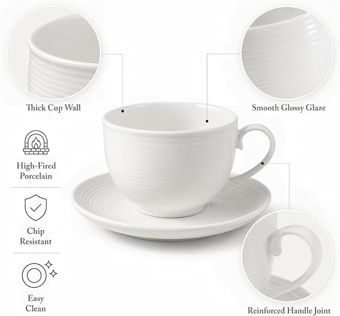 4pcs White Coffee Cups with Saucers, 12oz Ceramic Cappuccino Cups, Microwave & Dishwasher Safe, for Home, Cafe