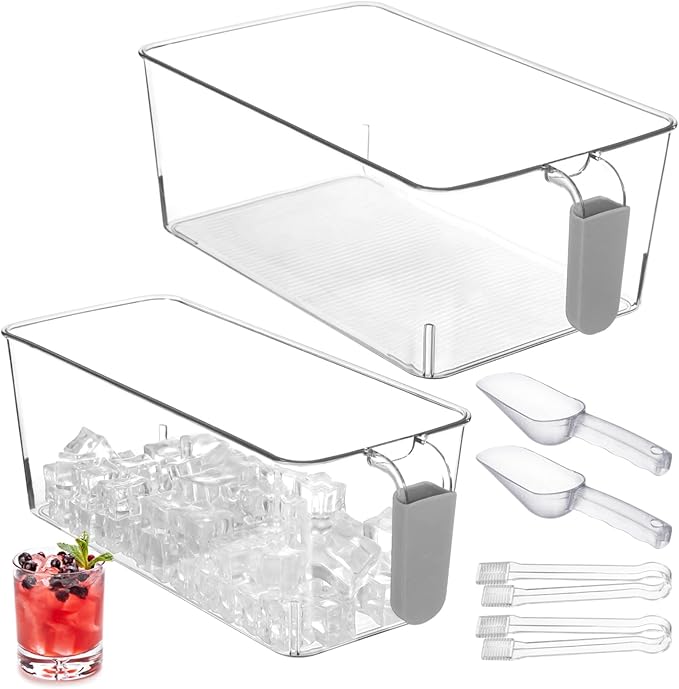 2 PCS Ice Bin with Scoop and Tong, Ice Bucket with Pull-out Handle for Freezer, 2 Sizes Clear Plastic Ice Container for DIY Drink Summer Party, 12.2 x 6.9 x 4.3 in, 12.2 x 4.9 x 4.3 in, Gray Handle