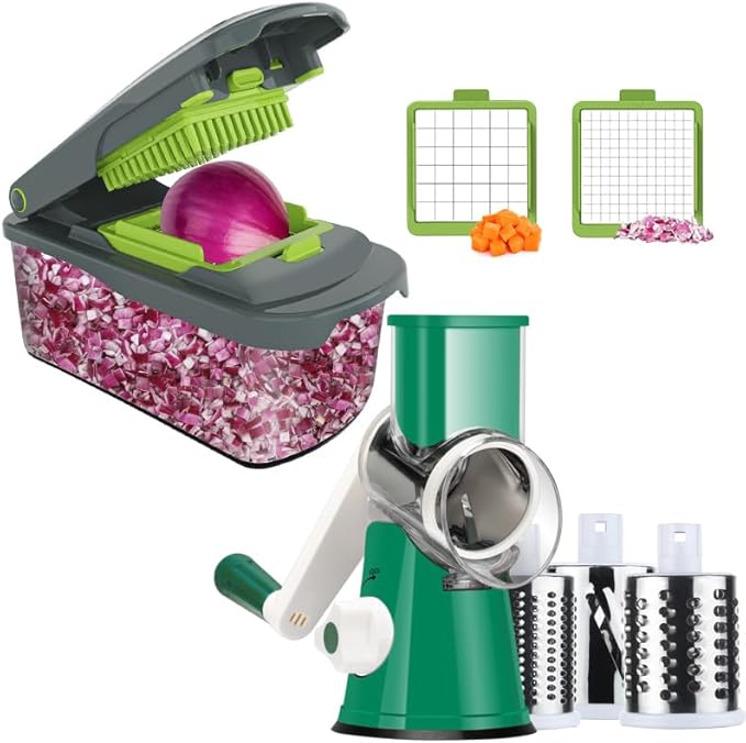 Ourokhome Vegetable Chopper Onion Cutter with Container Multifunctional Food Chopper with 2 Blades, Rotary Cheese Grater Hand Crank, Kitchen Shredder Speed Mandolin Slicer Nuts Grinder with Handle