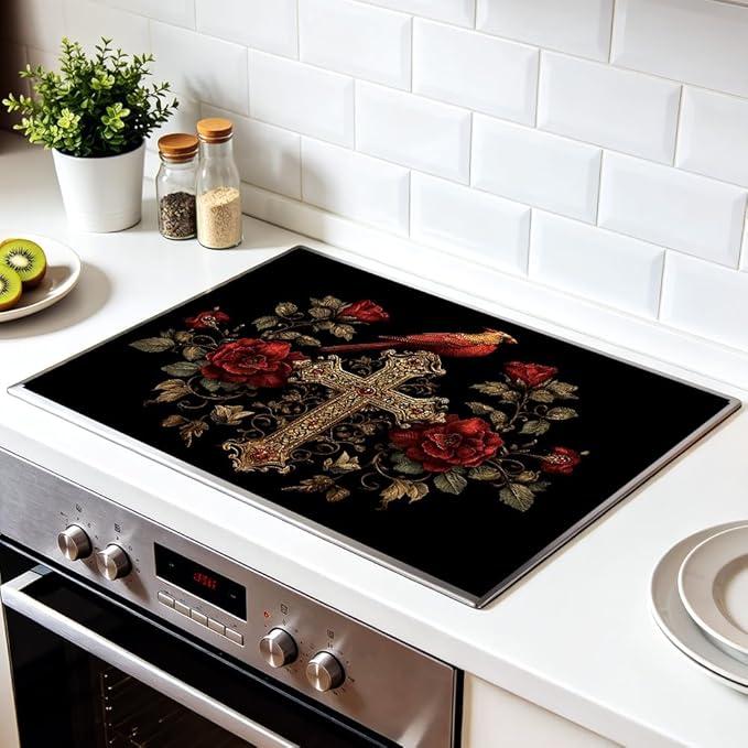 Stove Top Cover for Electric Stove 28.4 x 20.5 Inch Non Slip Stove Mat Oil Proof Gothic Cross Rose Glass Cooktop Protector Kitchen Mat