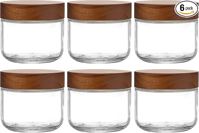 Danmu 8 oz Overnight Oats Containers with Lids,Glass Jars with Lids 6 Pack | Wooden Lid,Meal Prep,Yogurt,Leftovers,Leak-proof,Dishwasher Safe(remove lids),Fridge Safe,Portable,Stackable