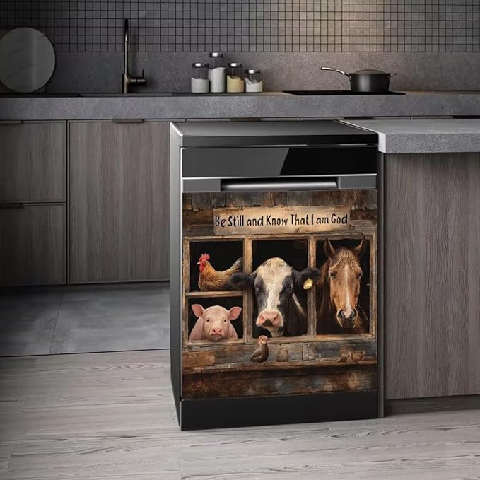 Rooster Dishwasher Magnet Cover,Dishwasher Refrigerator Decoration Pig Horse Magnetic Panel Decal,Cow Washing Machine Cover Magnet, Farmhouse Kitchen Appliance Magnet Door Sticker,23"x26"