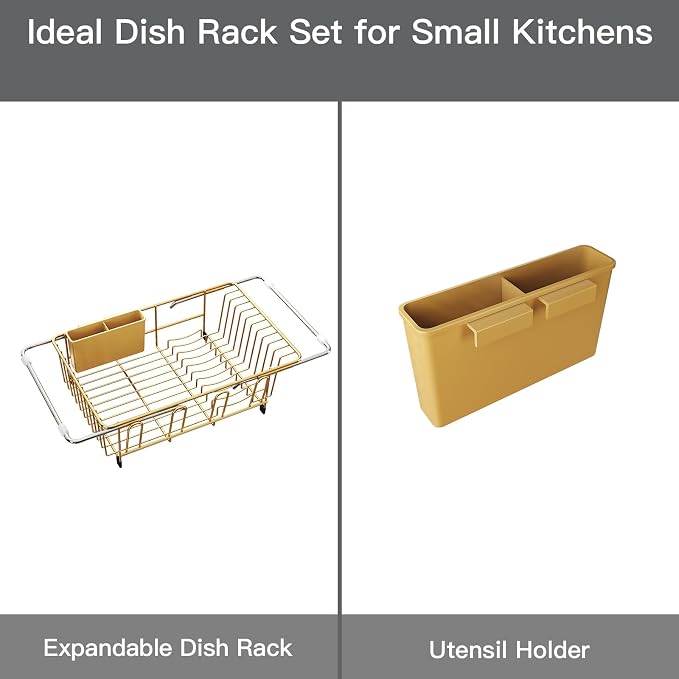 MAJALiS Gold Dish Drying Rack Over The Sink with Utensil Holder | Expandable Stainless Steel Dish Drainer for Small Kitchen, Apartment, RV, Counter Space Saving, Perfect Fit, Rustproof