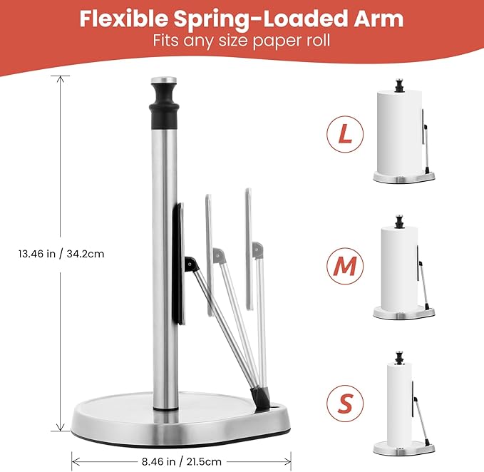 Dailyart Paper Towel Holder for One Hand Tear - Countertop with Tension Arm & Non Slip Weighted Base, Stainless Steel Paper Towel Holder Stand for Kitchen Bathroom, Black