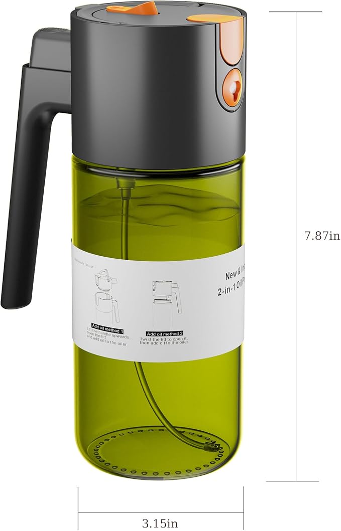 LAKUMIQI 2 in 1 Oil Sprayer for Cooking, 17oz Light-Blocking Glass Spray Bottle with Stickers, Oil Dispenser for Salad, Air Fryer & BBQ