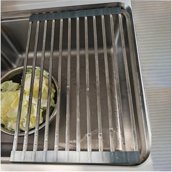 37/40/43/45/47/50/52 CM Collapsible Roll up Dish Drying Rack, Over The Sink Square Tubes Foldable Stainless Steel Drainer for Kitchen(Gray,52x43cm/20.5x16.9in)