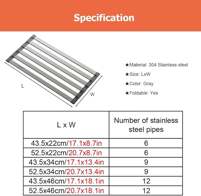 43.5/52.5 in 304 Stainless Steel Expandable Over The Sink Dish Drying Rack, Collapsible Anti-Slip Heat-Resistant Dishes Drainer(W 34cm/13.4in,L 52.5cm/20.7in)
