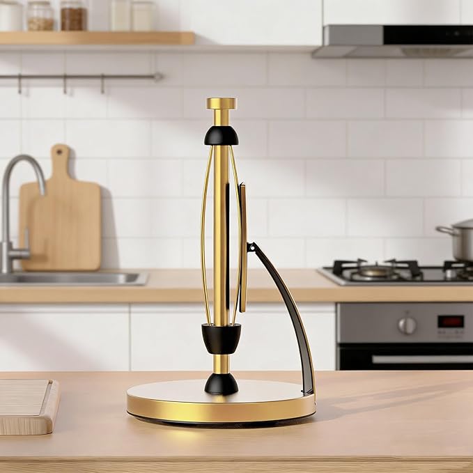 VEHHE Paper Towel Holder Countertop, Paper Towel Holder with Spring Activated Arm and Damping Effect, Simply Tear Paper Towel Stand for Bathroom and Kitchen (Gold)