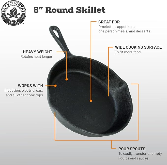 8 Inch Round Medium Pre-Seasoned Cast Iron Skillet