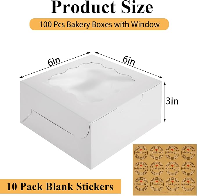 QTLCOHD 100 Pack 6 x 6 x 3 Inch Bakery Boxes with Window | White Cookie Boxes Bulk for Dessert, Cupcake, Pastry, Cookies, Treat, Strawberries Chocolate