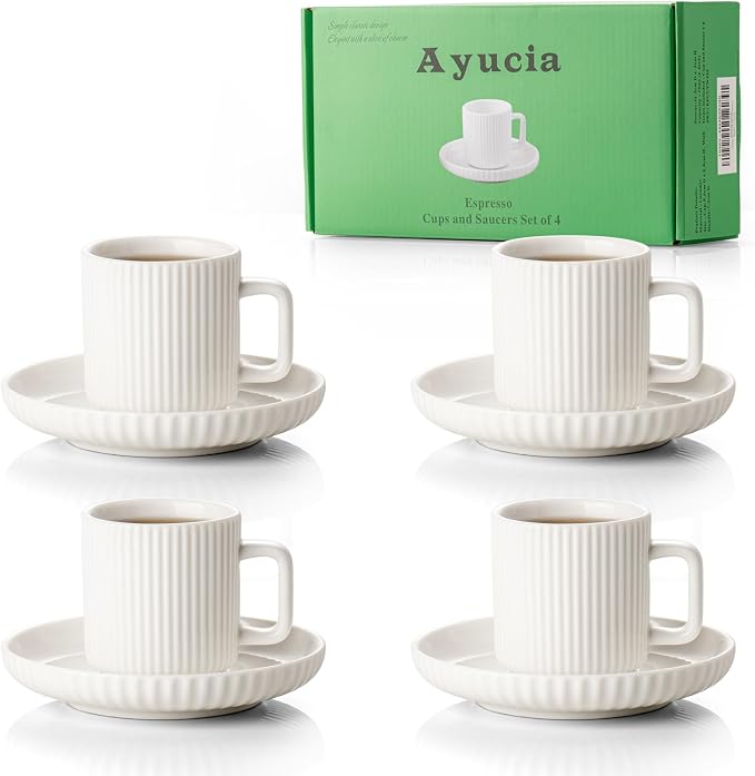 2.5OZ Mini Espresso Cups Set of 4, White Cream Ceramic Demitasse Espresso Mugs with Saucers, Small Coffee Cups for Single/Double Espresso Shots