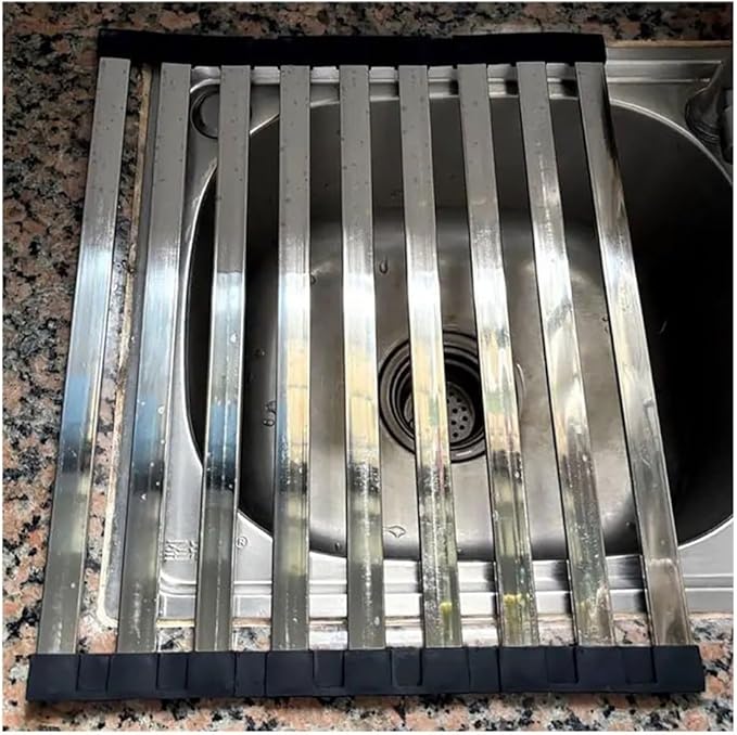 35/38/40/42/45/50/55/60 CM Collapsible 304 Stainless Steel Over Sink Roll up Dish Drying Rack, Foldable Heat-Resistant Dishes Drainer(L 55cm/21.7in)