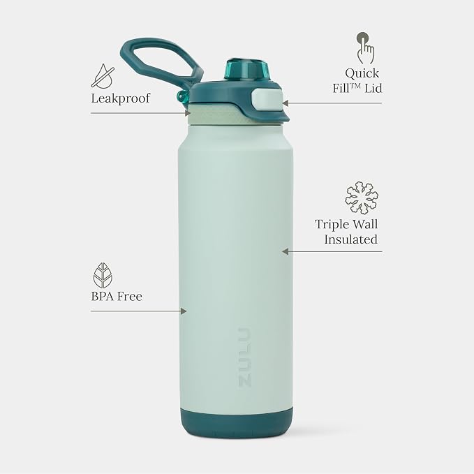 ZULU Powerfill Pro 32oz Stainless Steel Water Bottle with Quick Fill Lid, Triple Walled Vacuum Insulated Metal, Leak Proof Locking Lid, Sip and Chug, Reusable BPA Free, Evergreen