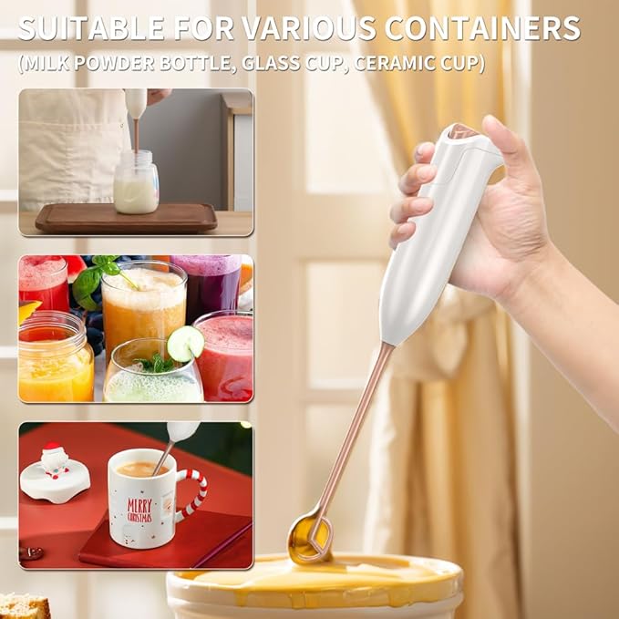 Electric Milk Frother, White, Rose Gold Accents, 1W High-Torque Motor, Handheld Design, Battery Powered, for Coffee Drinks, Baby Food Mixing