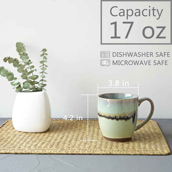 Bosmarlin Ceramic Coffee Mug Set of 4, 17 Oz, Coffee Cups with Big Handle, Microwave Safe, Unique Reactive Glaze (17 Oz, Turquoise Green Light)