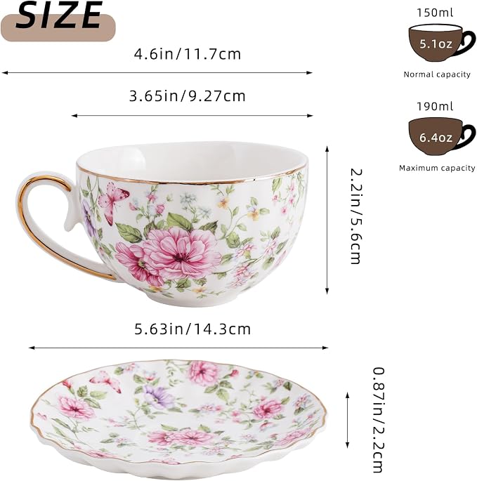 Agyiuns Tea Cup and Saucers, 6.4oz Floral Tea Cups with Gold Trim, Coffee Cappuccino Espresso Latte Mugs for Party Birthday,Christmas Gift (Pink and purple flowers)