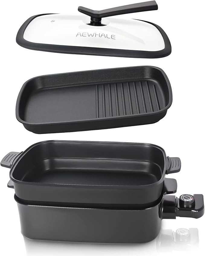 AEWHALE 2-in-1 Multifunctional Electric Grill,Indoor Smokeless Electric Griddle Electric Skillet with Removable Non-Stick Plate+Pot+Lid,1400W Adjustable Temperature Party Griddle