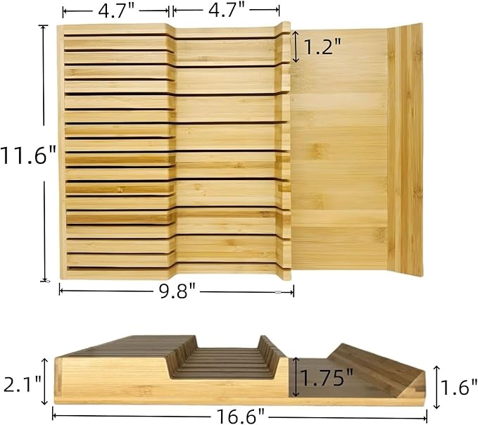 Bamboo Knife Drawer Storage Organizer Insert | 17-Slot Kitchen Knife Block with Anti-Slip Design| Space-Saving Kitchen Storage (16.6"x11.6"x2.1")