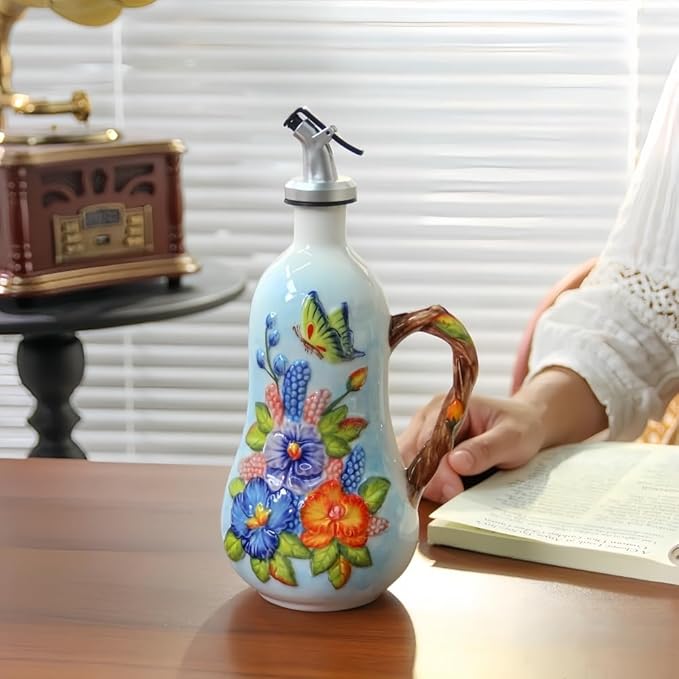 18.26oz/540ml Decorative Olive Oil Dispenser Bottle for Kitchen,Hand Painted Relief Ceramic Olive Oil Bottle,Ceramic Oil Container (B-Butterfly Love Flower)