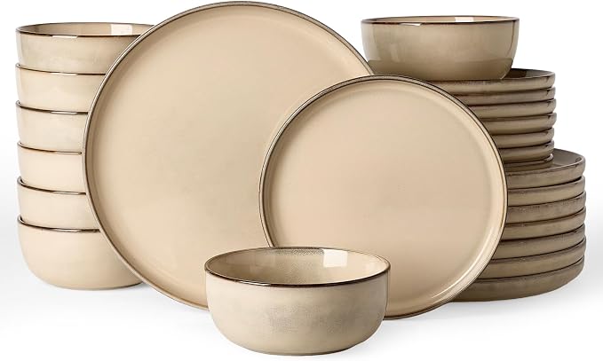 Famiware Milkyway Stoneware Dinnerware Set, 24-Piece, Double Reactive Glaze, Plates and Bowls, Service for 8, Microwave and Dishwasher Safe, Scratch-Resistant, Milk Tea