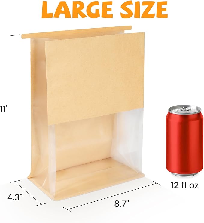 100 Pack Bread Bags with Tabs for Homemade Sourdough Bread, 8.7x4.3x11 Inches Tin Tie Tab Lock Large Paper Bakery Packaging Bags with Window for Gifting & Bake Sale | Thick Material, Grease Resistant, Self Standing