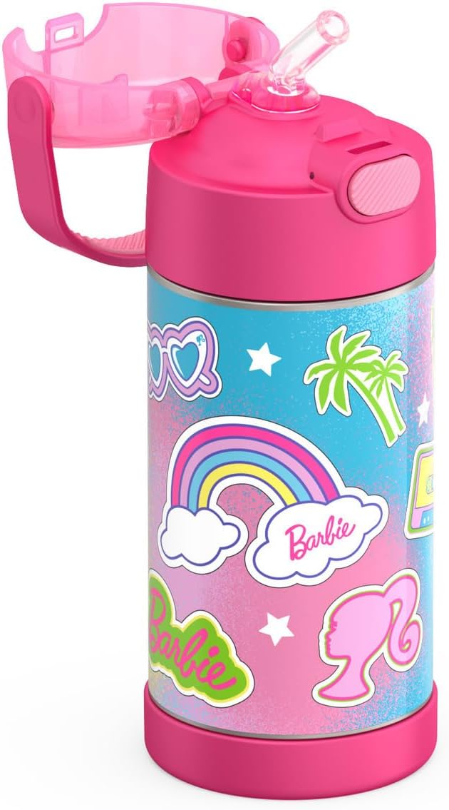 THERMOS FUNTAINER Water Bottle with Straw - 12 Ounce - Kids Stainless Steel Vacuum Insulated Water Bottle with Lid, Barbie